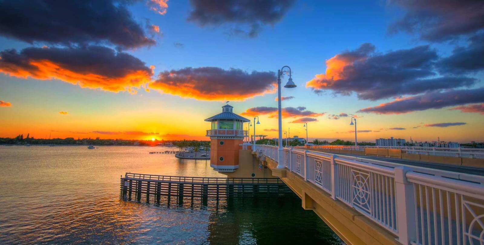 Lantana drawbridge and waterfront at sunset